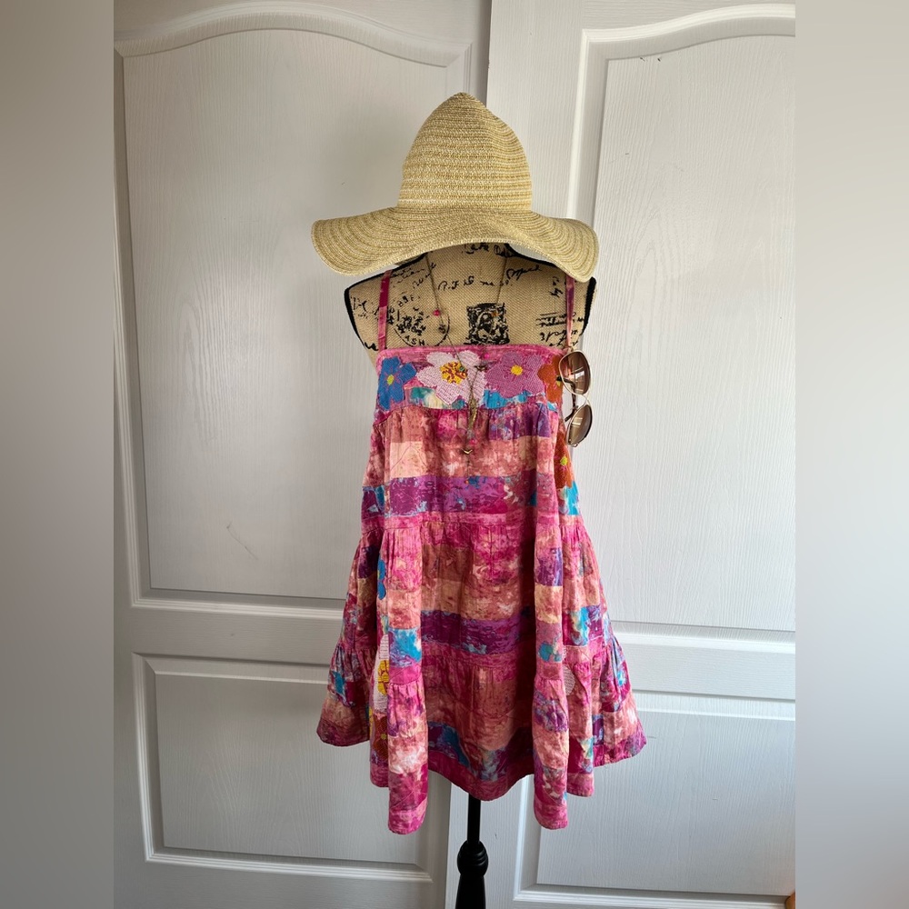 Kimchi Blue 100% Cotton Floral Boho Tiered Babydoll Mini Dress | Pink & Purple - Picture 7 of 9
